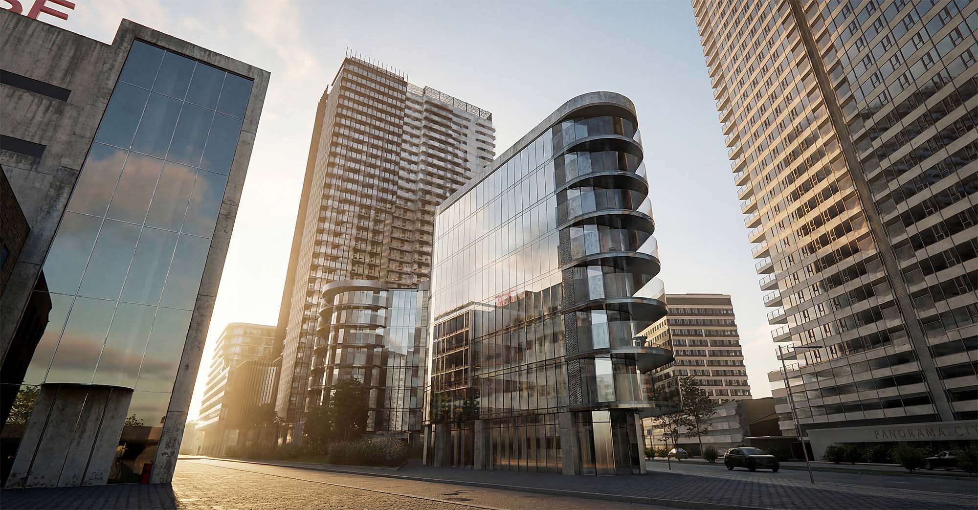 Modern glass and concrete buildings with balconies reflecting the sunset in an urban street scene.