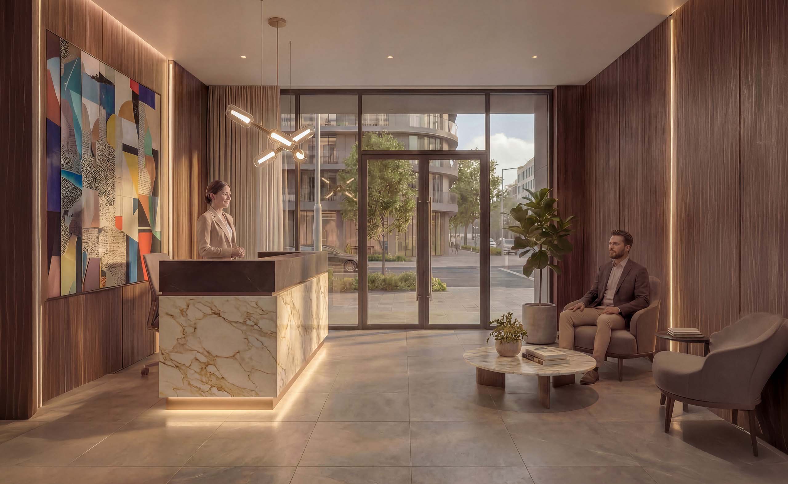 Modern reception area with a woman standing behind a wooden desk and a man sitting in an armchair near floor-to-ceiling windows showing city buildings outside.